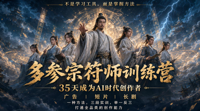 多参宗符师训练营,35天成为AI时代创作者,广告|短片|长剧,一种方法,三段实训,举一反三,打通全品类的创作能力-凡人轻创