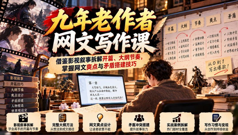 九年老作者网文写作课:借鉴影视叙事拆解开篇、大纲节奏,掌握网文爽点与矛盾搭建技巧-凡人轻创
