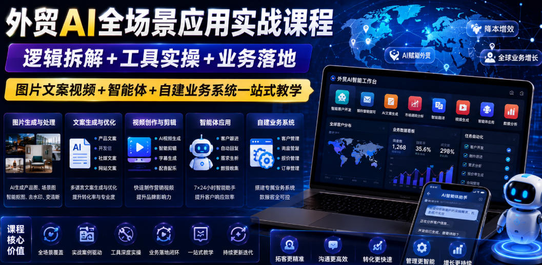 外贸AI全场景应用实战课程｜逻辑拆解+工具实操+业务落地，图片文案视频+智能体+自建业务系统一站式教学-凡人轻创