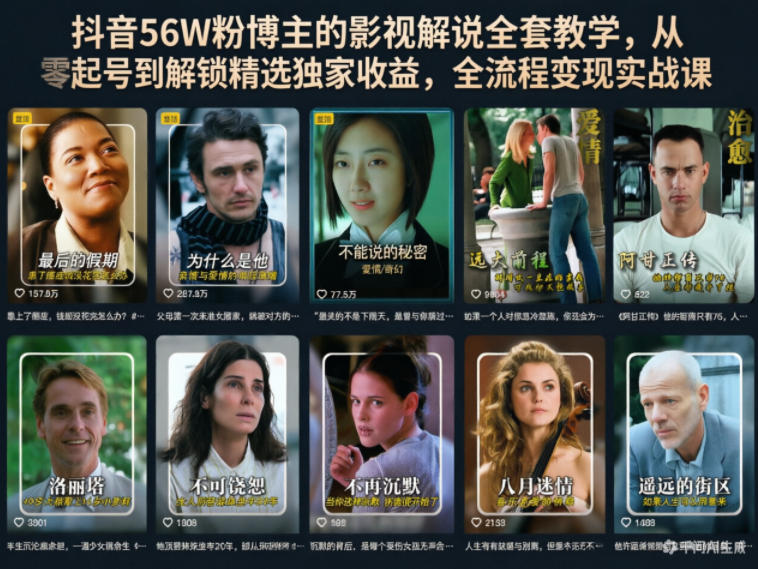 抖音56W粉博主的影视解说全套教学,从零起号到解锁精选独家收益,全流程变现实战课-凡人轻创