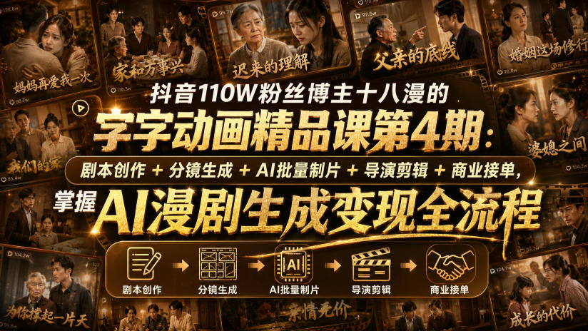 抖音110W粉丝博主十八漫的字字动画精品课第4期:剧本创作+分镜生成+剪辑+商业接单,掌握AI漫剧生成变现全流程(更新0916) 抖音110W粉丝博主十八漫的字字动画精品课第4期:剧本创作+分镜生成+剪辑+商业接单,掌握AI漫剧生成变现全流程(更新0916)