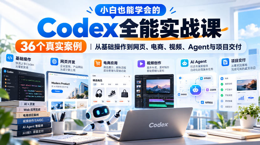 小白也能学会的Codex全能实战课｜36个真实案例，从基础操作到网页、电商、视频、Agent与项目交付-凡人轻创
