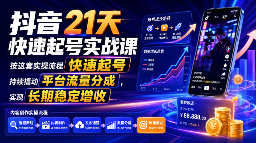 抖音21天快速起号实战课,按这套实操流程快速起号,持续撬动平台流量分成,实现长期稳定增收-凡人轻创