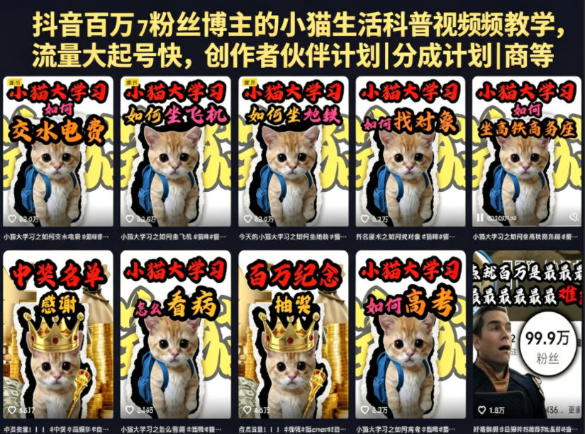 抖音百万粉丝博主的小猫生活科普视频教学,流量大起号快,创作者伙伴计划|分成计划|商单|收徒等-凡人轻创