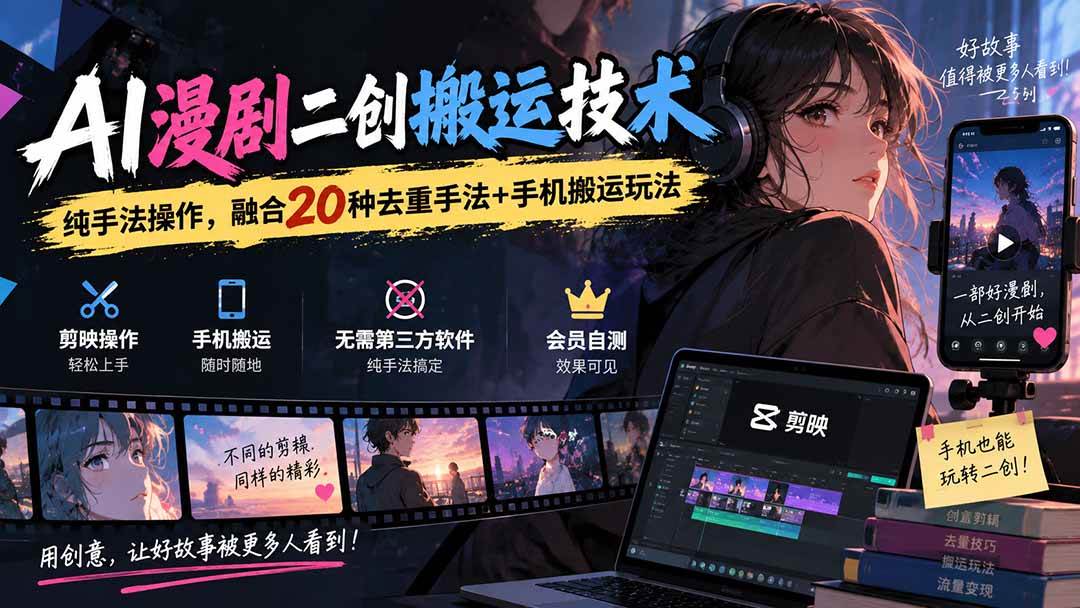(20551期)AI漫剧二创搬运技术,纯手法操作,融合20种去重手法++手机搬运玩法-凡人轻创
