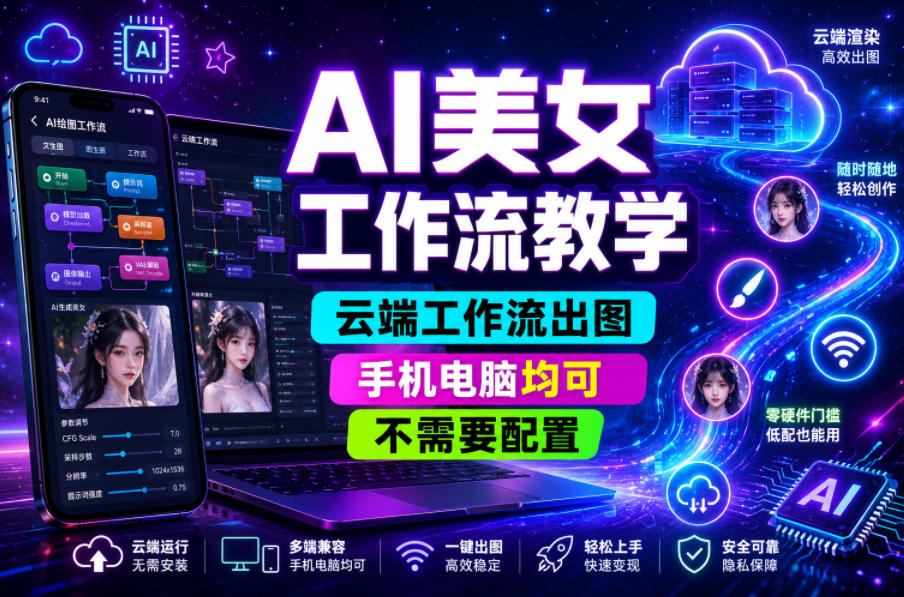 AI美女工作流教学,云端工作流出图,手机电脑均可,不需要配置,快速起号涨粉-凡人轻创