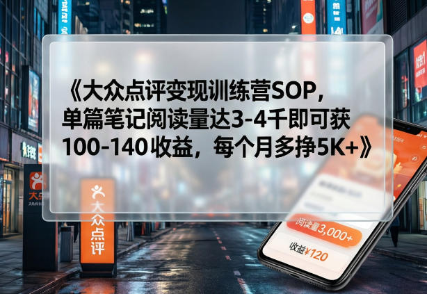 大众点评变现训练营SOP,单篇笔记阅读量达3-4千即可获100-140收益,每个月多挣5K+-凡人轻创