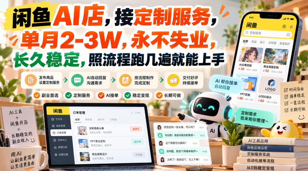 闲鱼AI店,接定制服务,单月2-3W,永不失业,长久稳定,照流程跑几遍就能上手 闲鱼AI店,接定制服务,单月2-3W,永不失业,长久稳定,照流程跑几遍就能上手