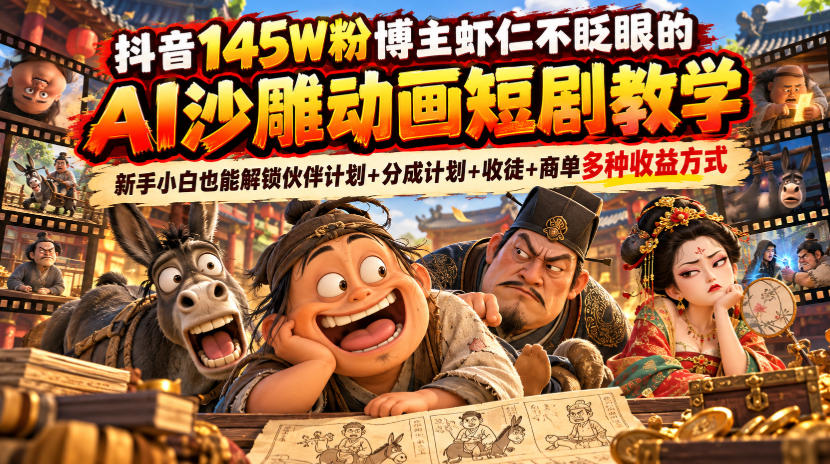抖音145W粉博主虾仁不眨眼的AI沙雕动画短剧教学,新手小白也能解锁伙伴计划+分成计划+收徒+商单多种收益方式 抖音145W粉博主虾仁不眨眼的AI沙雕动画短剧教学,新手小白也能解锁伙伴计划+分成计划+收徒+商单多种收益方式