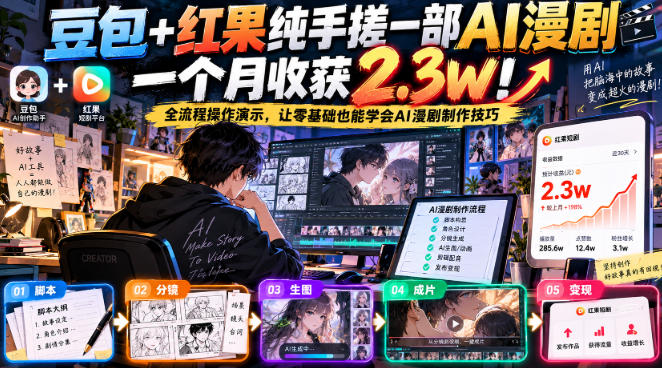 豆包+红果纯手搓一部AI漫剧一个月收获2.3w！全流程操作演示，让零基础也能学会AI漫剧制作技巧-凡人轻创