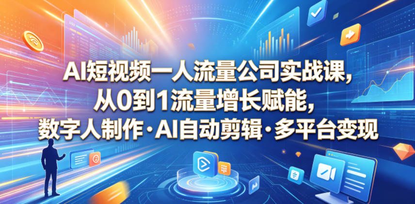 AI短视频一人流量公司实战课,从0到1流量增长赋能,数字人制作・AI自动剪辑・多平台变现,一人做流量生意全落地教程-凡人轻创