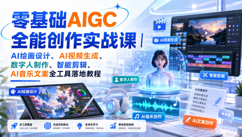 零基础AIGC全能创作实战课|AI绘画设计、AI视频生成、数字人制作、智能剪辑、AI音乐文案全工具落地教程-凡人轻创