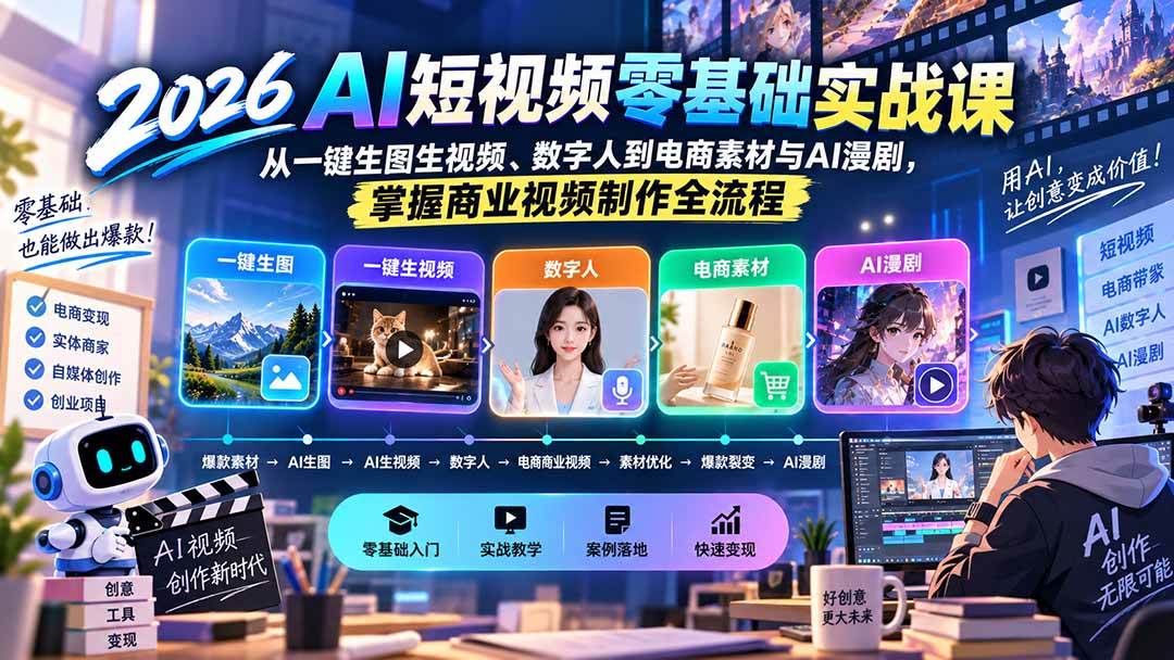 (20263期)2026AI短视频零基础实战课:从一键生图生视频、数字人到电商素材与AI漫剧,掌握商业视频制作全流程-凡人轻创