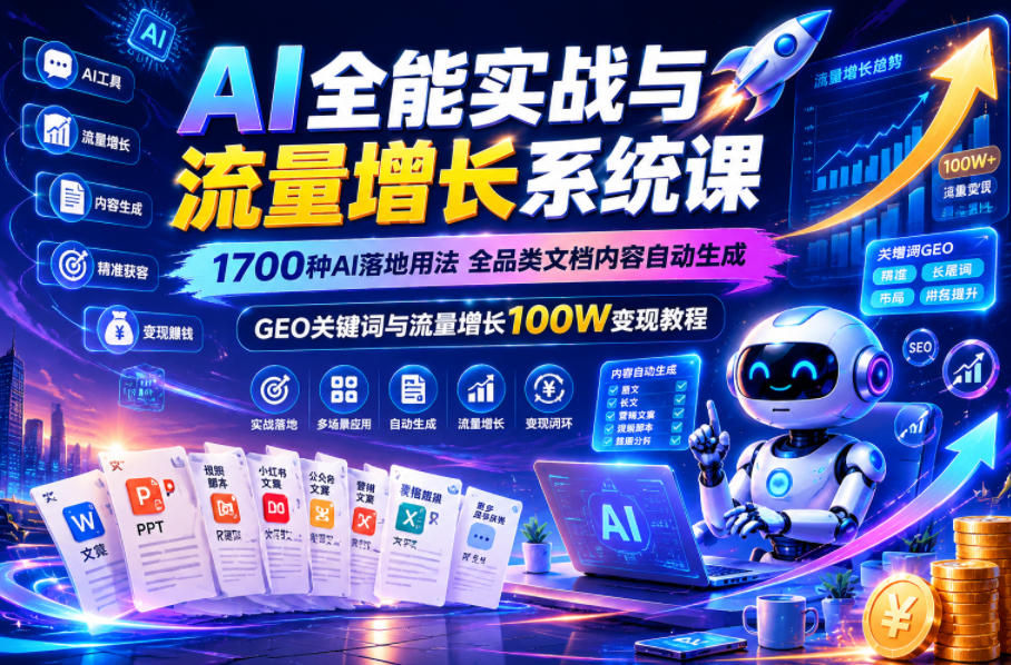 AI全能实战与流量增长系统课,1700种AI落地用法,全品类文档内容自动生成,GEO关键词与流量增长100W变现教程-凡人轻创