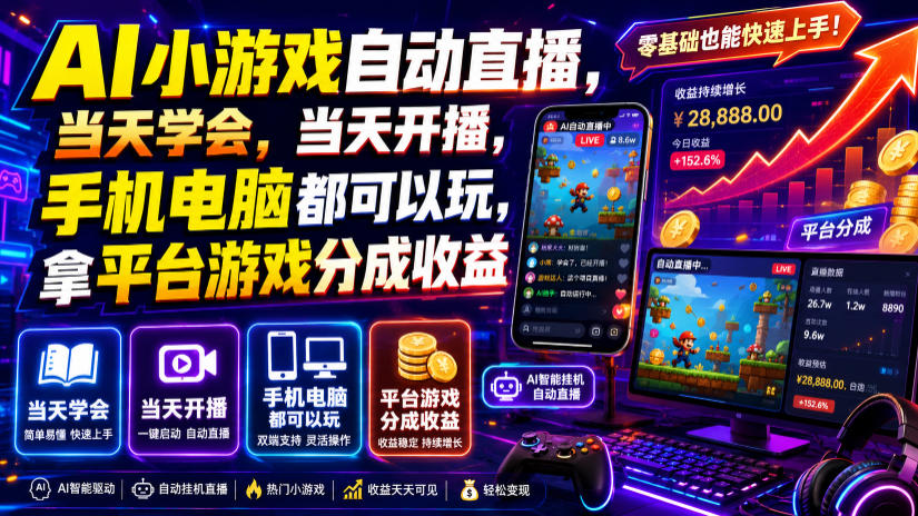 AI小游戏自动直播,当天学会,当天开播,手机电脑都可以玩,拿平台游戏分成收益-凡人轻创