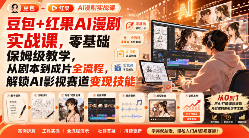 豆包+红果AI漫剧实战课,零基础保姆级教学,从剧本到成片全流程,解锁AI影视赛道变现技能-凡人轻创