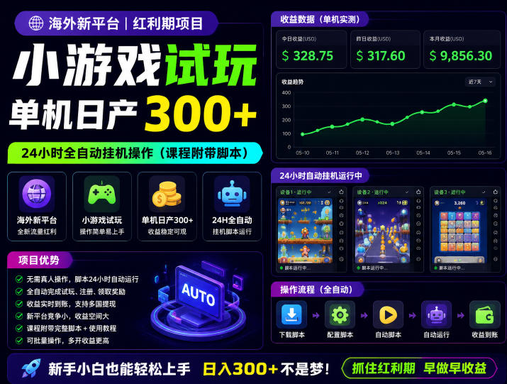 海外新平台，小游戏试玩，单机日产300+，24小时全自动挂G操作（课程附带脚本）【揭秘】-凡人轻创