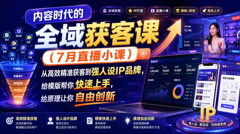 内容时代的全域获客课(7月直播小课),从高效精准获客到强人设IP品牌,给模版帮你快速上手,给原理让你自由创新-凡人轻创