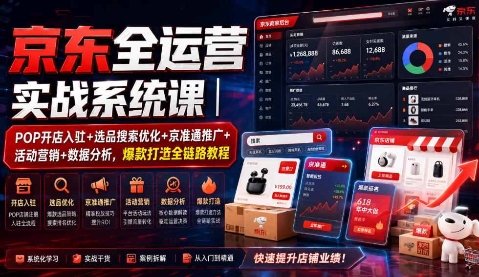 京东全运营实战系统课｜POP开店入驻+选品搜索优化+京准通推广+活动营销+数据分析，爆款打造全链路教程-凡人轻创