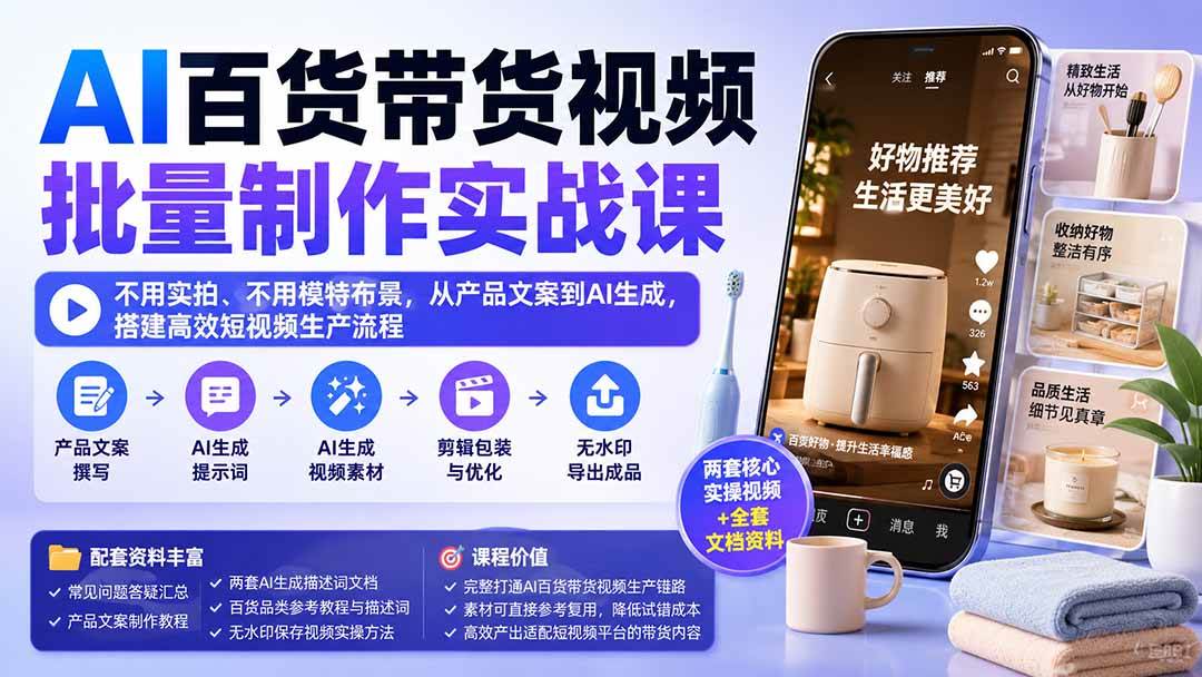 (20179期)AI百货带货视频批量制作实战课:不用实拍、不用模特布景,从产品文案到AI生成,搭建高效短视频生产流程-凡人轻创