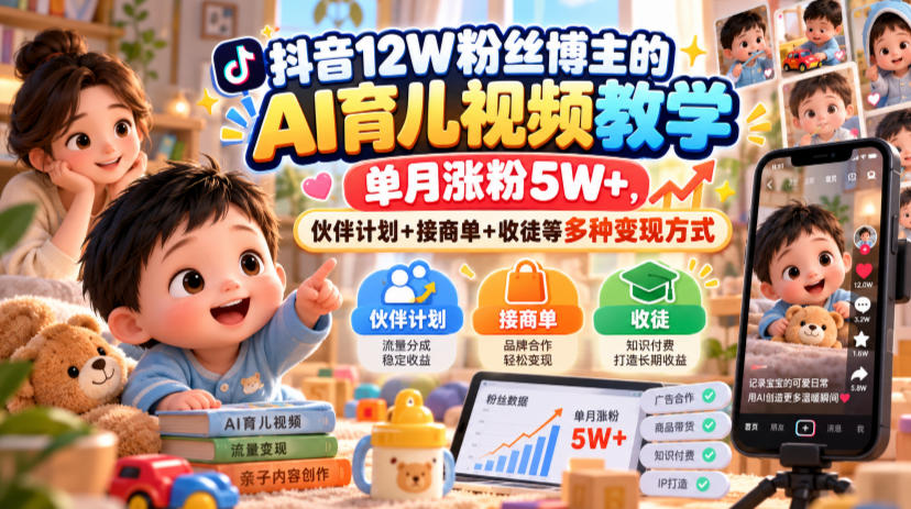 抖音12W粉丝博主的AI育儿视频教学,单月涨粉5W+,伙伴计划+接商单+收徒等多种变现方式-凡人轻创