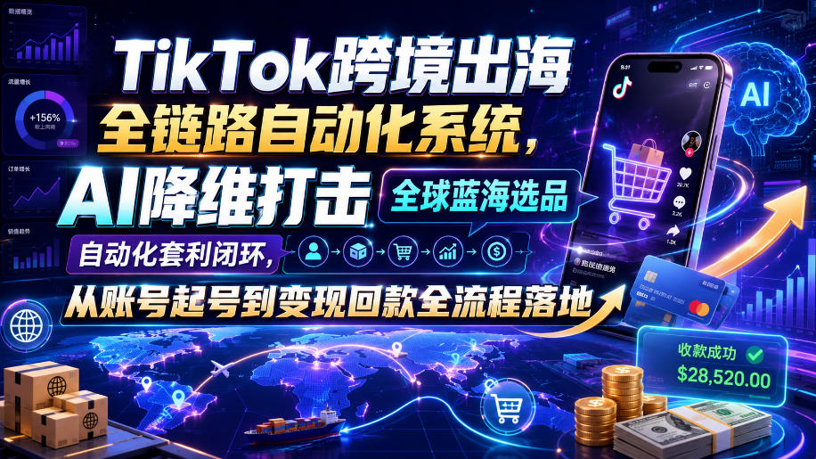 TikTok跨境出海全链路自动化系统,AI降维打击全球蓝海选品自动化套利闭环,从账号起号到变现回款全流程落地(2026年7月)-凡人轻创