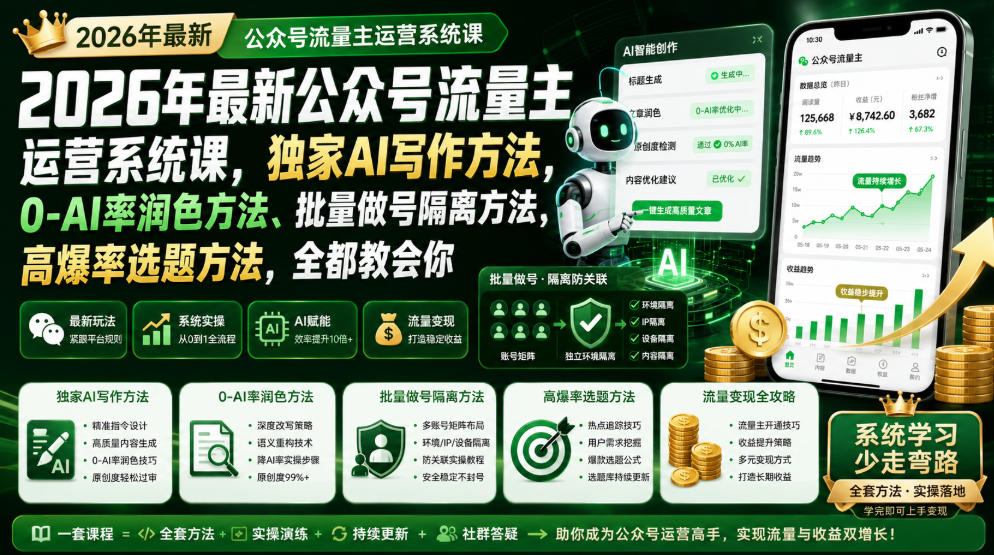 2026年最新公众号流量主运营系统课,独家AI写作方法,0-AI率润色方法、批量做号隔离方法、高爆率选题方法,全都教会你-凡人轻创