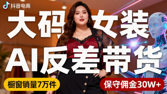 抖音小众赛道，大码女装AI反差带货，不用直播，每天6条作品，橱窗卖7万件，保守佣金30W+-凡人轻创