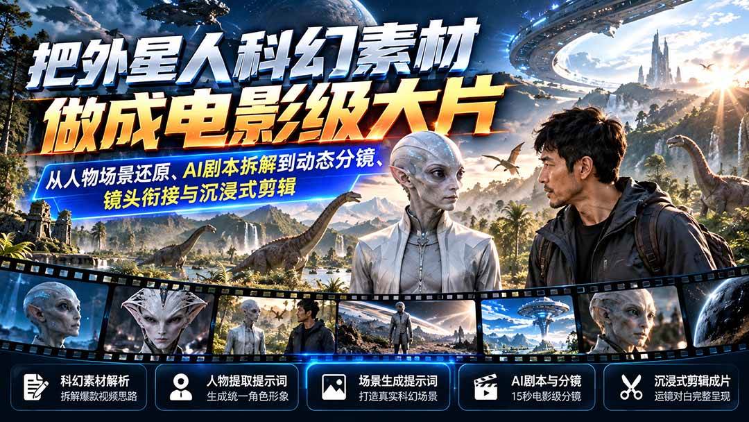 (20946期)把外星人科幻素材做成电影级大片:从人物场景还原、AI剧本拆解到动态分镜、镜头衔接与沉浸式剪辑-凡人轻创