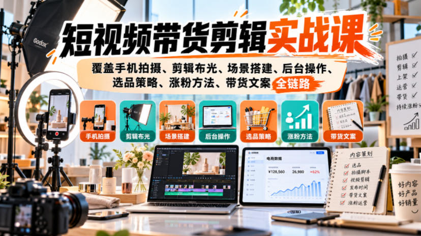 短视频带货剪辑实战课，覆盖手机拍摄、剪辑布光、场景搭建、后台操作、选品策略、涨粉方法、带货文案全链路-凡人轻创