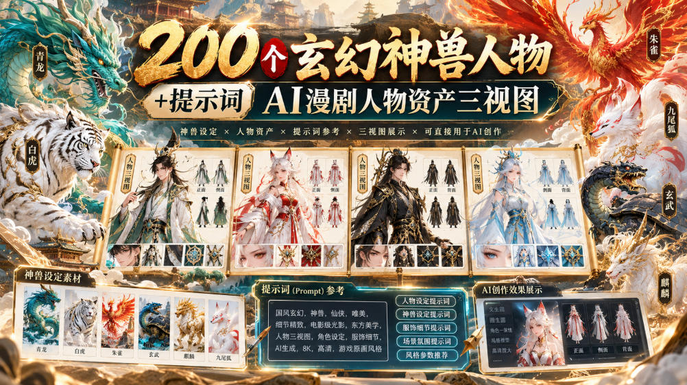 200个玄幻神兽人物+提示词ai漫剧人物资产三视图-凡人轻创