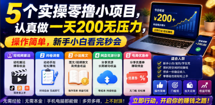 5个实操零撸小项目，认真做一天200无压力，操作简单，新手小白看完秒会【揭秘】-凡人轻创
