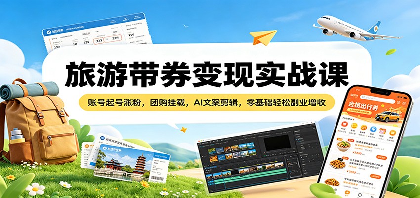 旅游带券变现实战课：账号起号涨粉，团购挂载，AI文案剪辑，零基础轻松副业增收-凡人轻创