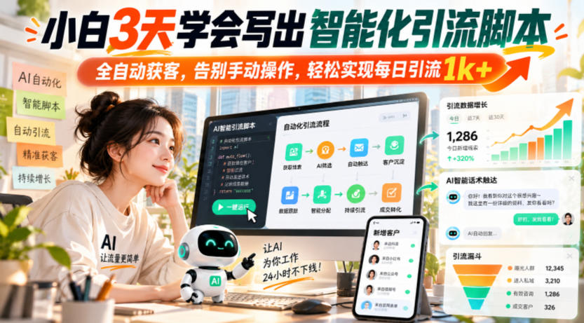 小白3天学会写出智能化引流脚本,全自动获客,告别手动操作,轻松实现每日引流1k+-凡人轻创