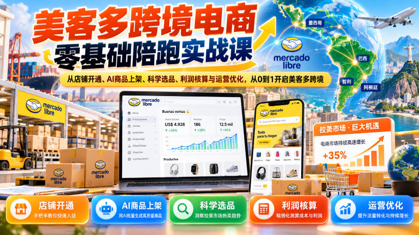 美客多跨境电商零基础陪跑实战课:从店铺开通、AI商品上架、科学选品、利润核算与运营优化,从0到1开启美客多跨境-凡人轻创
