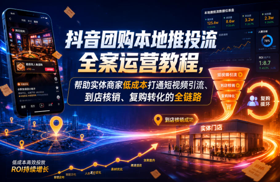 抖音团购本地推投流全案运营教程，帮助实体商家低成本打通短视频引流、到店核销、复购转化的全链路-凡人轻创