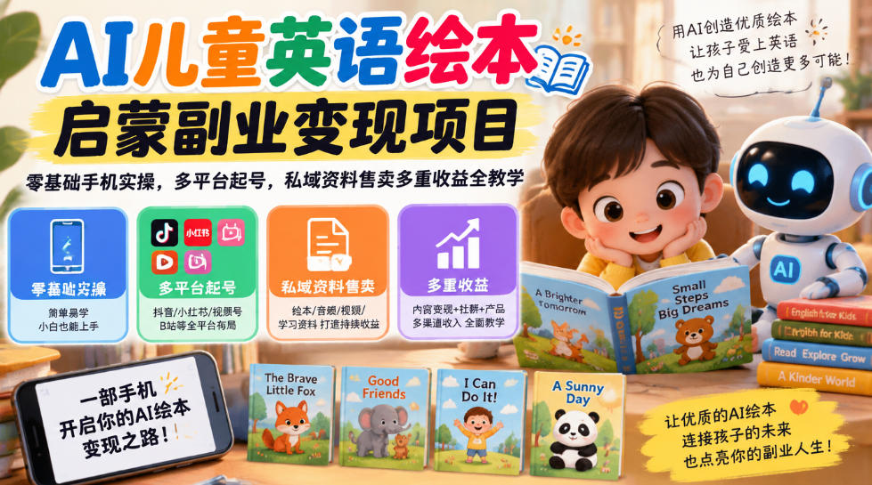 AI儿童英语绘本启蒙副业变现项目，零基础手机实操，多平台起号，私域资料售卖多重收益全教学-凡人轻创