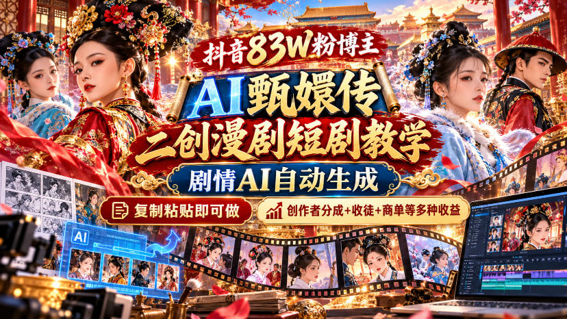 抖音83W粉博主AI甄嬛传二创漫剧短剧教学|剧情AI自动生成,复制粘贴即可做,各大平台创作者分成+收徒等多种收益-凡人轻创
