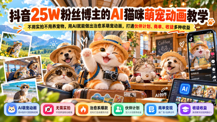 抖音25W粉丝博主的AI猫咪萌宠动画教学,不用实拍不用养宠物,用AI就能做出治愈系萌宠动画,打通伙伴计划、商单、收徒多种收益-凡人轻创