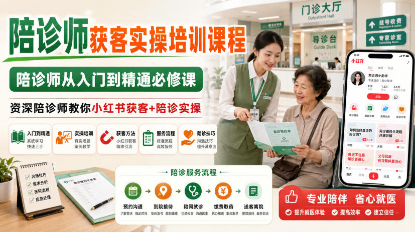 陪诊师获客实操培训课程,陪诊师从入门到精通必修课,资深陪诊师教你小红书获客+陪诊实操-凡人轻创