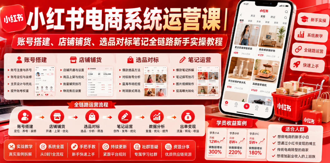 小红书电商系统运营课｜账号搭建、店铺铺货、选品对标笔记全链路新手实操教程-凡人轻创