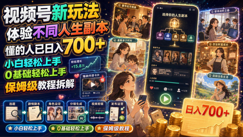 视频号新玩法体验不同人生副本,懂的人已日入700+,小白轻松上手,0基础轻松上手,保姆级教程拆解-凡人轻创