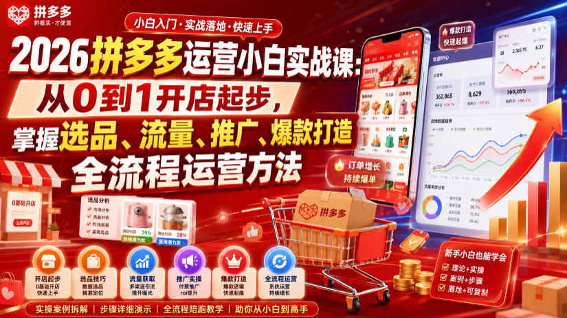 2026拼多多运营小白实战课：从0到1开店起步，掌握选品、流量、推广、爆款打造全流程运营方法-凡人轻创