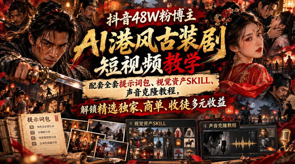 抖音48W粉博主AI港风古装剧短视频教学,配套全套提示词包、视觉资产SKILL、声音克隆教程,解锁精选独家、商单、收徒多元收益-凡人轻创