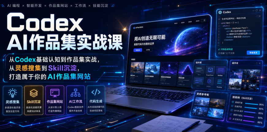Codex AI作品集实战课,从Codex基础认知到作品集实战,从灵感搜集到Skill沉淀,打造属于你的AI作品集网站-凡人轻创