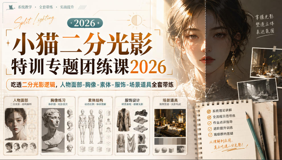 小猫二分光影特训专题团练课2026|吃透二分光影逻辑,人物面部‑胸像‑素体‑服饰‑场景道具全套带练,高清画质附赠课件与笔刷-凡人轻创