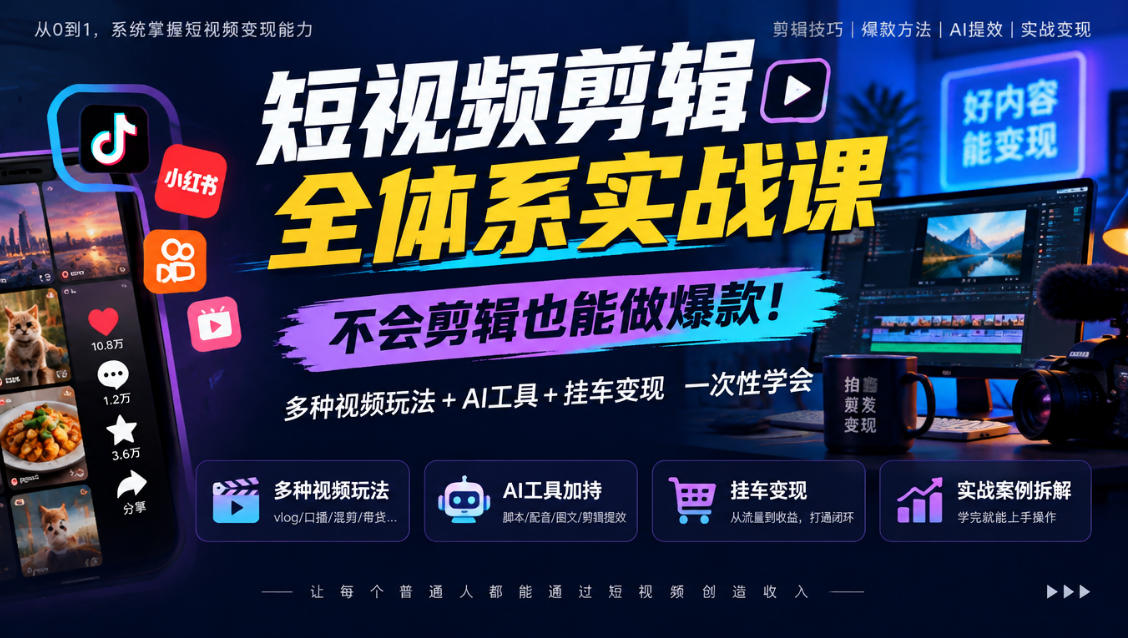 短视频剪辑全体系实战课,不会剪辑也能做爆款,多种视频玩法+AI工具+挂车变现一次性学-凡人轻创