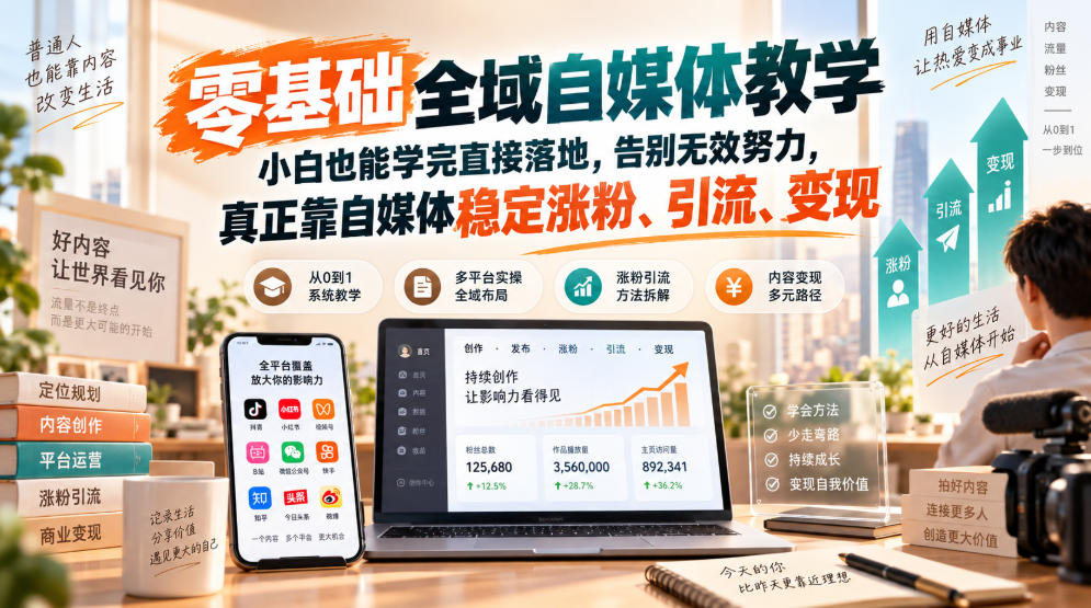 零基础全域自媒体教学,小白也能学完直接落地,告别无效努力,真正靠自媒体稳定涨粉、引流、变现-凡人轻创