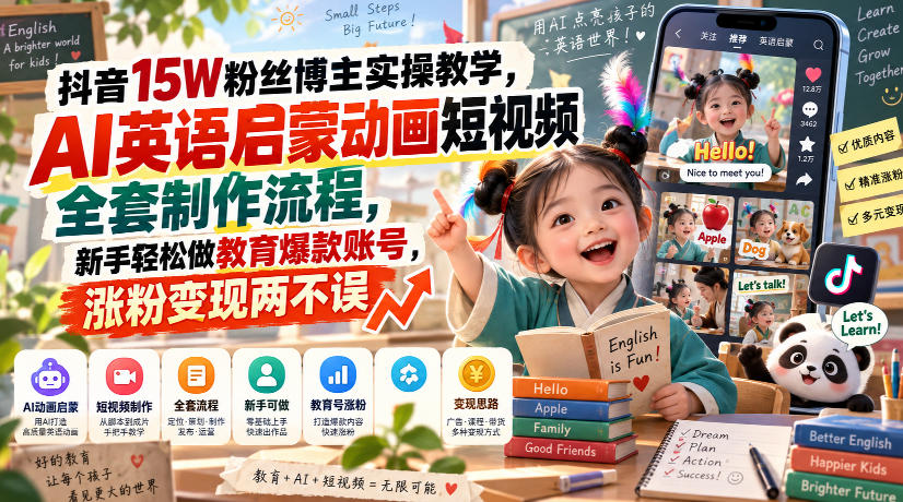 抖音15W粉丝博主实操教学，AI英语启蒙动画短视频全套制作流程，新手轻松做教育爆款账号，涨粉变现两不误-凡人轻创