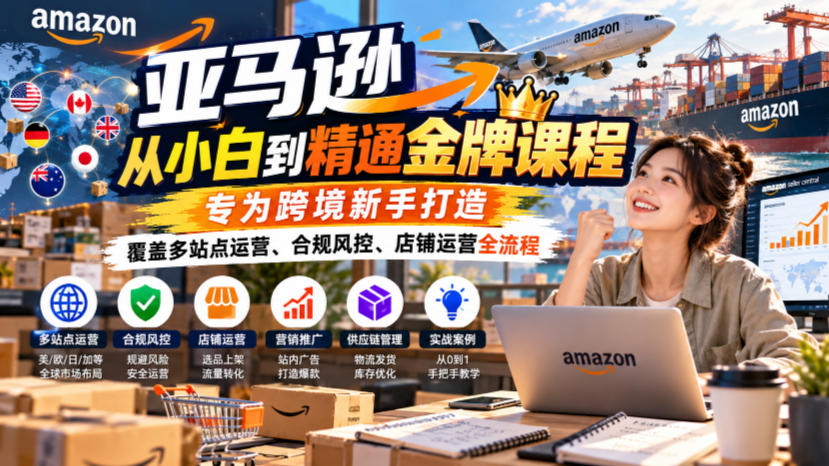亚马逊从小白到精通金牌课程，专为跨境新手打造，覆盖多站点运营、合规风控、店铺运营全流程-凡人轻创